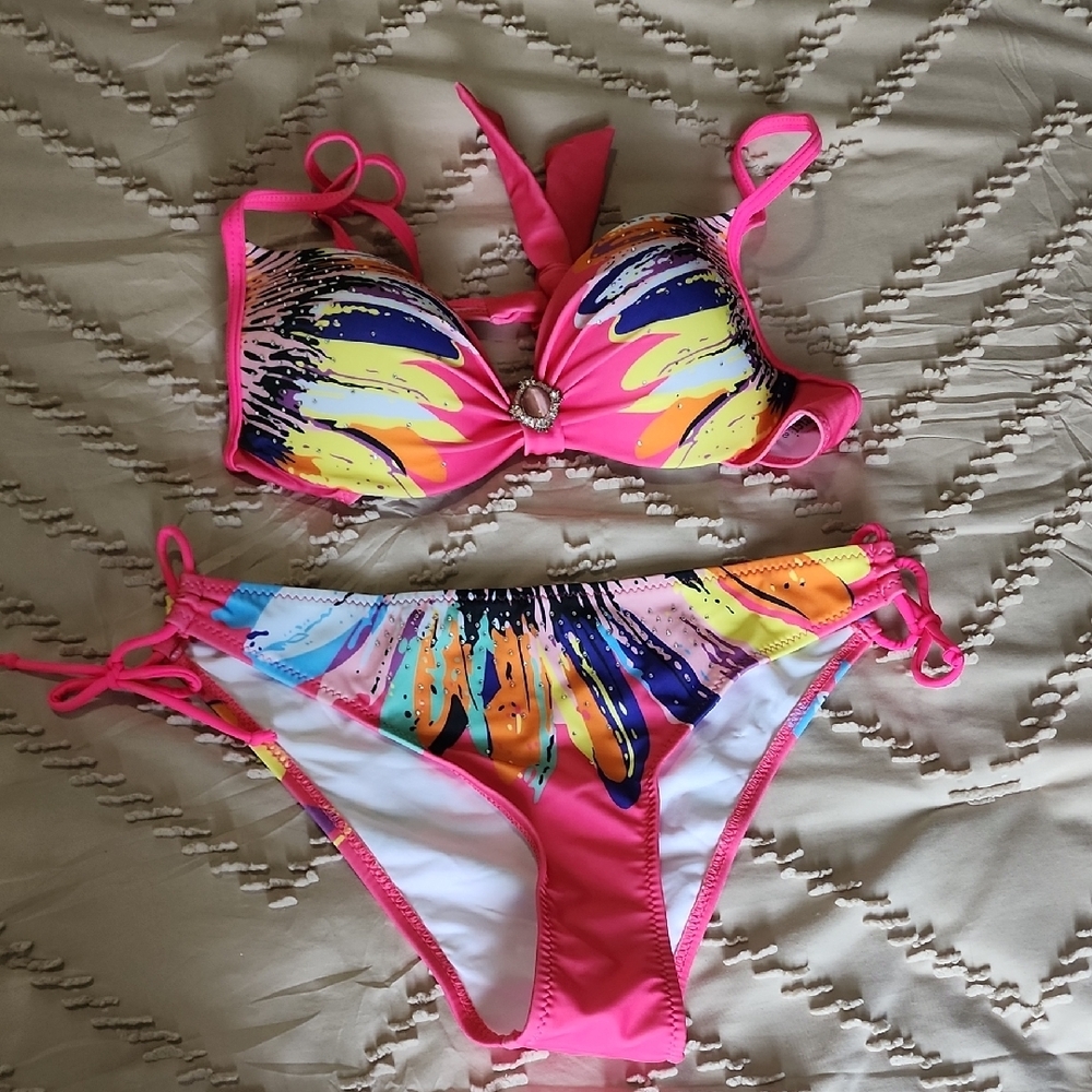 Cupshe Pink and Yellow Bikini Vibrant Swimwear